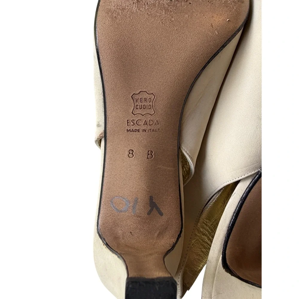Escada Vintage Designer Peep Toe Slingback Cream Leather Heels Made Italy 8